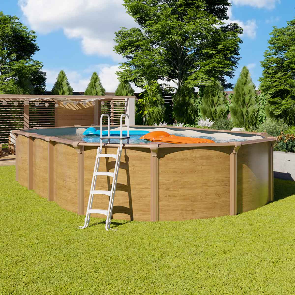 Piscine hors sol acier ovale 7,60 x 4,55 x 1,32 m aspect bois OSMOSE – Image 3