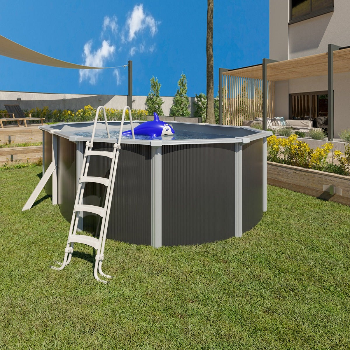 Piscine hors sol acier ovale 4,90 x 3,65 x 1,32 m anthracite VARUNA – Image 3